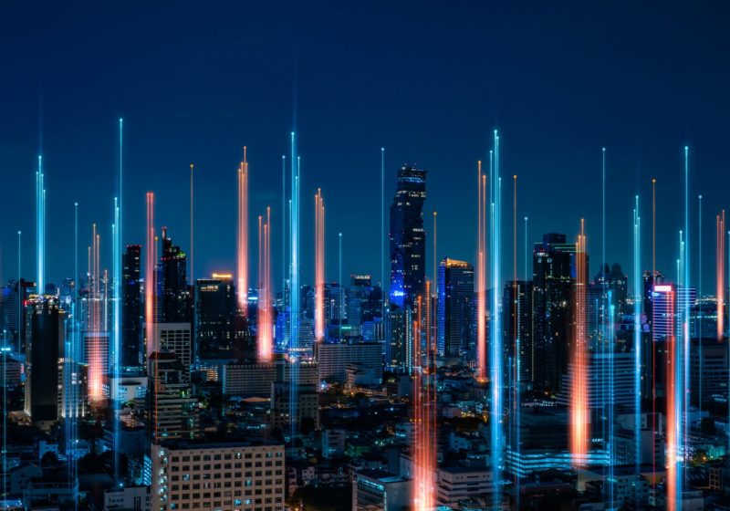 Long exposure lights in city skyline